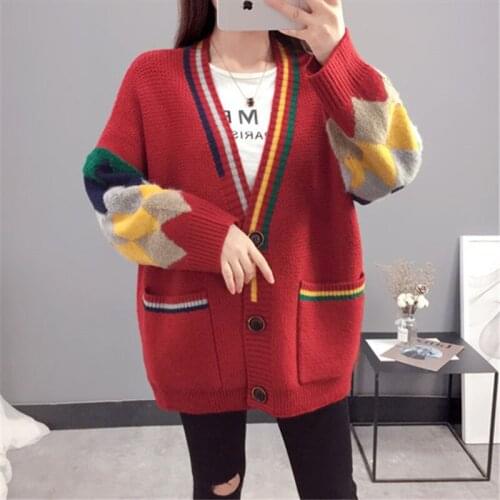 Cardigan Womens Sweater Jacket Spring Autumn New Printed V-neck Long Sleeve Single-breasted Loose Fashion Commuter Top Female