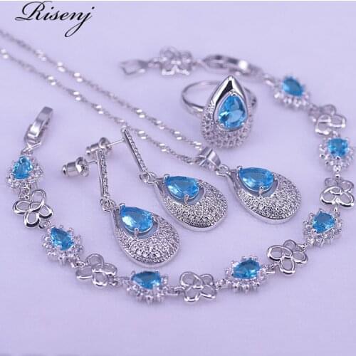 Risenj Pure Love Style Silver 925 Jewelry Set Stud Earrings Ring Necklace Bracelet Set For Women Sky Blue Top Zircon Jewelry
