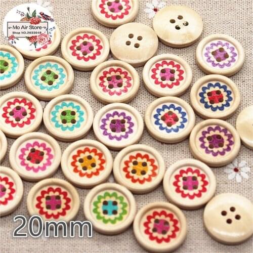 50pcs Mixed Color flower Wooden round Decorative Button 2 Holes 20mm Fit DIY Scrapbooking Products