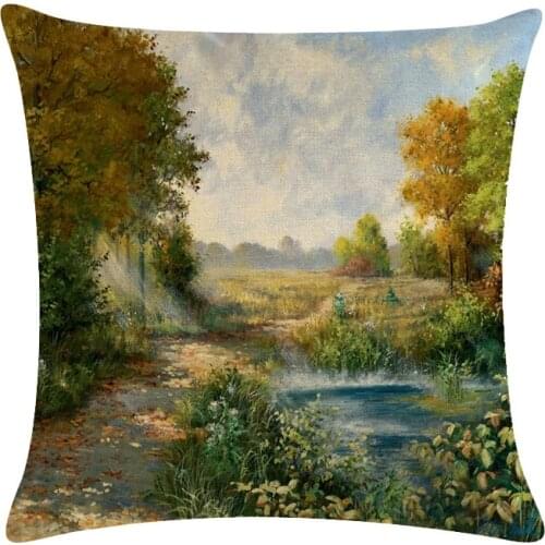American Beauty Scenery Linen Hug Pillowcase Oil Painting Flower Country Road Decoration Cushion Cover 45x45cm