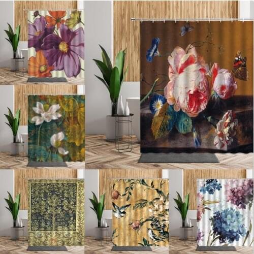 Butterfly Blossom Flower Birds Printed Shower Curtains Set Retro Chinese Landscape Home Decor Bathroom Curtain Waterproof Fabric