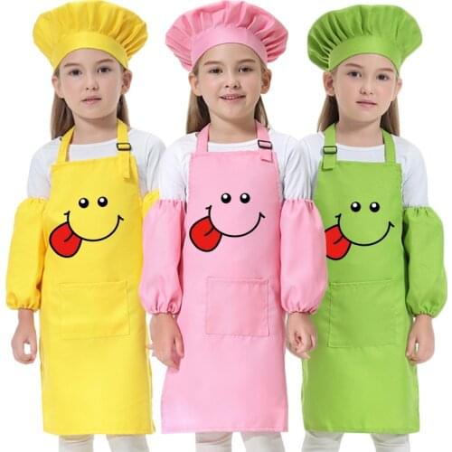 Child Polyester Apron Eating Clothes Kids Cook Baking Bib Pinafore Painting Smock Chef Hat Print Logo NOT Free