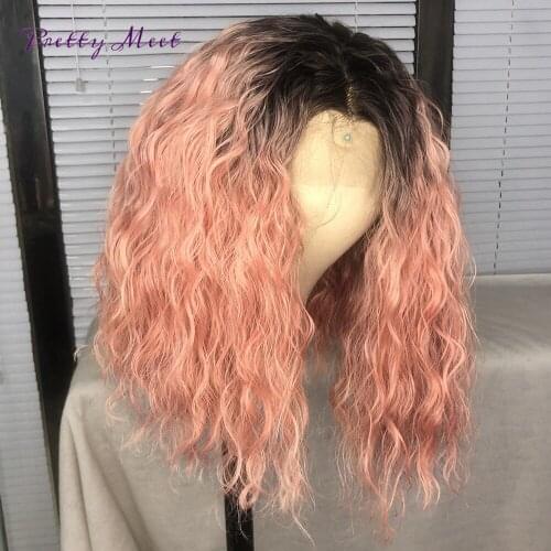 Short Bob Water Wave Synthetic Lace Frontal Wig With Bangs Ombre Pink Colored High Temperature Fiber Hair Daily Use For Women