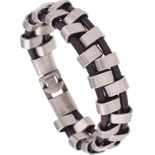 Punk Rock Men Alloy Charm Bracelet Cuff Black Genuine Leather Vintage Bangle Wrap Women Wristbands Hiphop Gothic Fashion Jewelry