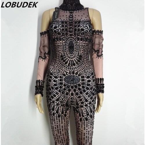 Black Rhinestones Stretch Jumpsuit Sparkly Crystals Skinny Bodysuits Sexy Women Nightclub Clothing Singer Bar Party DS Costumes