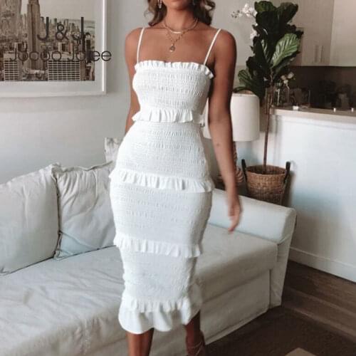 Jocoo Jolee 2020 Casual Party Dress Solid Ruched Chiffon Midi Dress Sexy Strap Ruffles Bodycon Dress Elegant Sling Long Dress