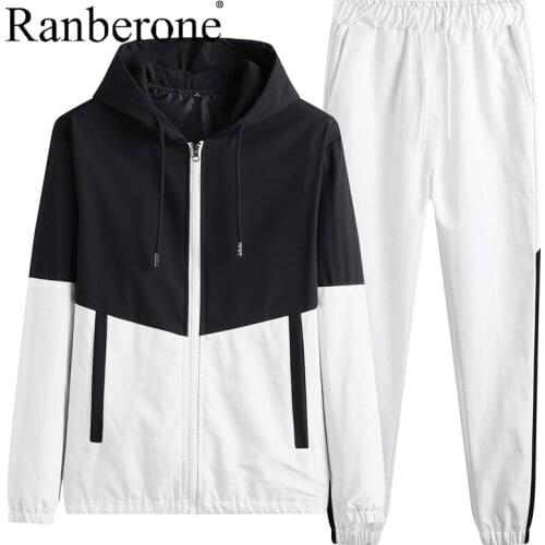 Ranberone Casual Sports Suit Mens Hoodie Jacket Pocket Patchwork Trousers Men Tracksuit Sportswear Workout Gym Clothes Male