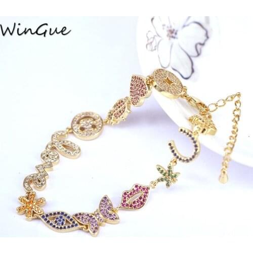 Rainbow cz bangle bracelet for women heart star lip butterfly eye assorted shaped cluster chain bracelet lover girlfriend gift