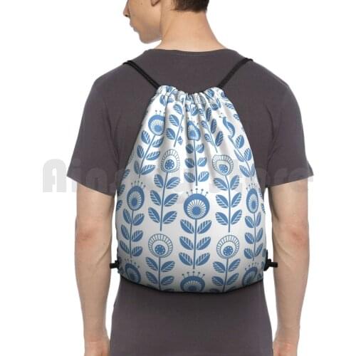 Scandi Garden 01-1 , Blue On White Backpack Drawstring Bags Gym Bag Waterproof Mod Midcentury Modern Mid Century Scandi
