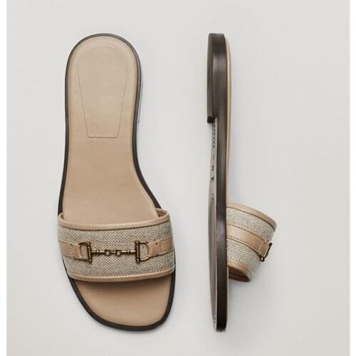 Jenny&Dave slippers women Flip Flops Slippers Women Enlgand Simple Fashion Linen Weave Gold Buckle Flat Shoes Woman Slides Shoes