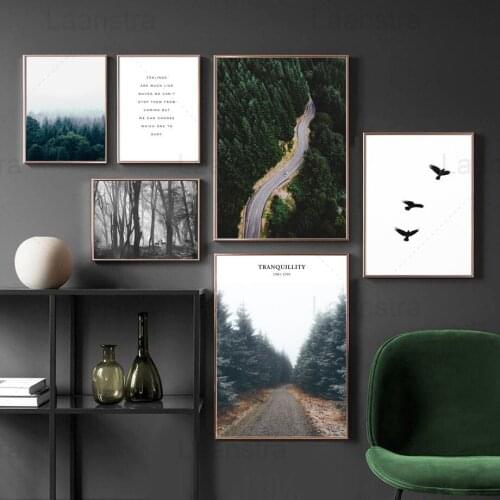 Fog Forest Home Landscape Painting Forest Road Between Trees Light and Shadow Living Room Wall Decoration Canvas Poster Fly Bird
