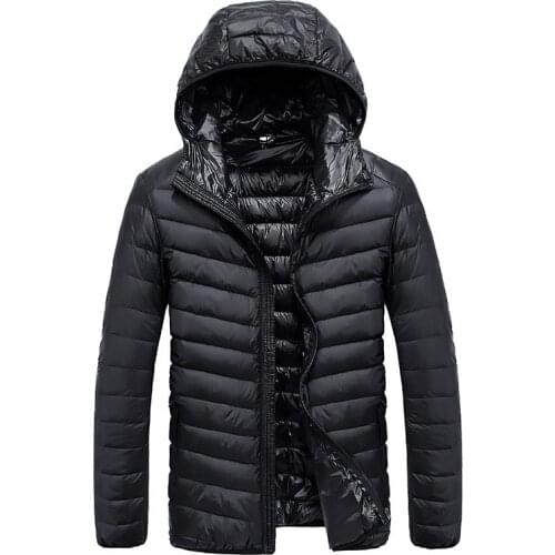 2019 New Mens Down Coat Fashion Casual Quality Loose Large Size Casual White Duck Down Black Gray Blue Mens Hooded Down Jacket