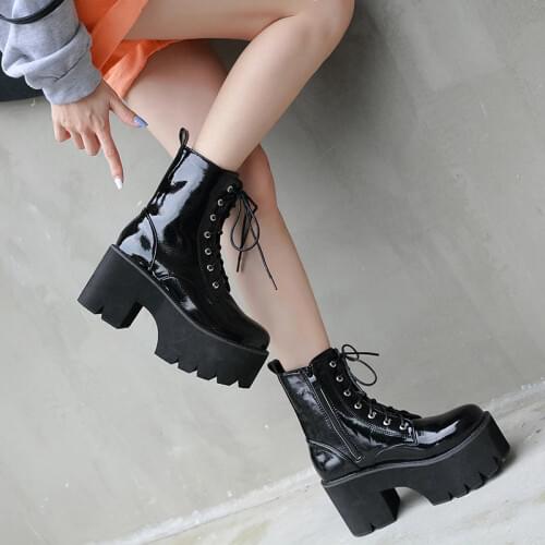 Ankle boots punk shoes lace up high thick heels round toe motorcycle boots women shoes zipper winter boots platform shoes LJB186