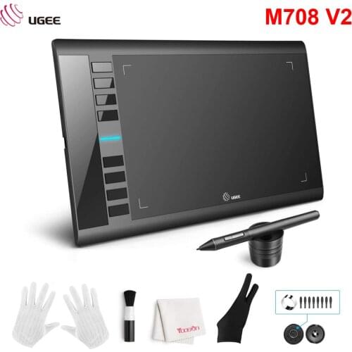 UGEE M708 V2 Digital Graphics Drawing Tablet 10 x 6 Inch 8192 Levels Pressure Battery-Free Pen Stylus with 8 Hotkeys for Drawing