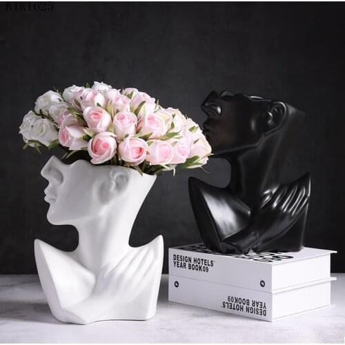 Upper Body Portrait Ceramic Flower Pot Vase Flower Arrangement Ornaments Abstract White Human Head Vase Flower Pot Home Decor