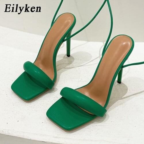 Eilyken 2021 New Ankle Strap Green Womens High Heels Sandals Square toe Female Party Shoes Sandalias de mujer
