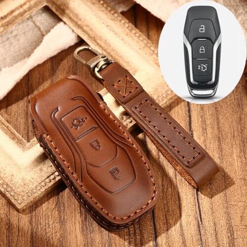 KEYYOU Leather Remote Key Fob Holder Cover Case For Ford Edge Explorer Fusion 2015 2016 2017 Smart Key Fob 3 Buttons
