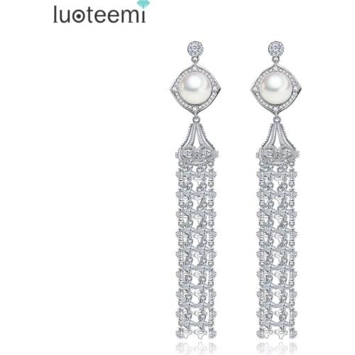 LUOTEEMI New Arrivals Stylish Natural Pearl With Cubic Zircon Tassel Design Long Dangle Earrings For Women Wedding Party
