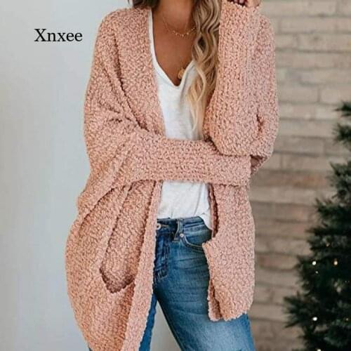 2021 Winter New Womens Coat Knitted Pocket Cardigan Sweater Fashion Loose Cardigan Ladies Sweater