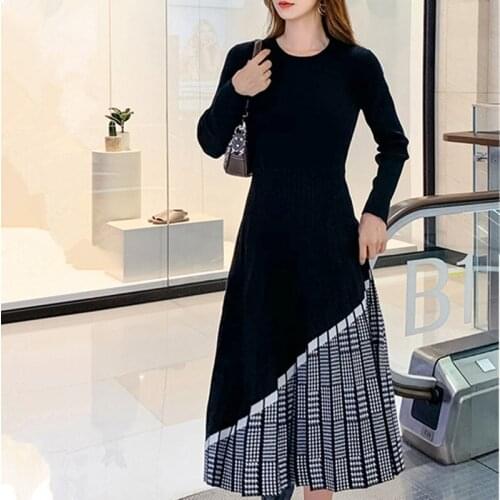 Autumn Winter Knitted Houndstooth Dress Women Patchwork O-neck Long Sleeve Elegant Slim Sweater Dresses A-line Pleated Vestidos