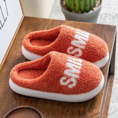 Fashion Female Slippers Plush Anti-Slip Couples Indoor Home Floor Flops Soft Sole Smile Letter Print Shoes Women Floor Slides