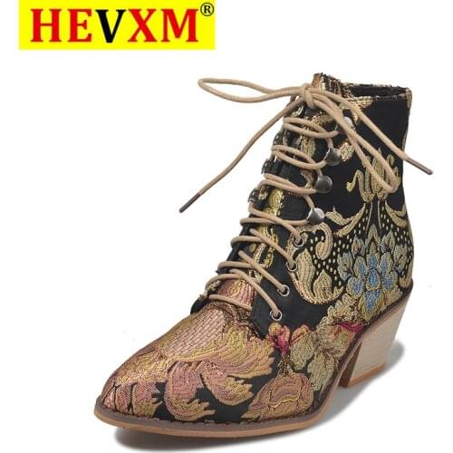 Retro Shoes Women Embroidery Flower Ankle Boots Lady Elegant Lace Up Female Silk Wood Chunky High Heel Botas Mujer
