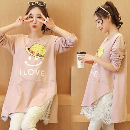 Spring Maternity Dresses Pregnant Clothing Fashion Knitted Patchwork Lace T-Shirt Clothes For Pregnant Women Long Sleeve Shirts
