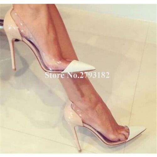 Women Classical Style Pointed Toe PVC Patent Leather Thin Heel Pumps Patchwork Transparent Nude Red 10cm High Heels Club Shoes