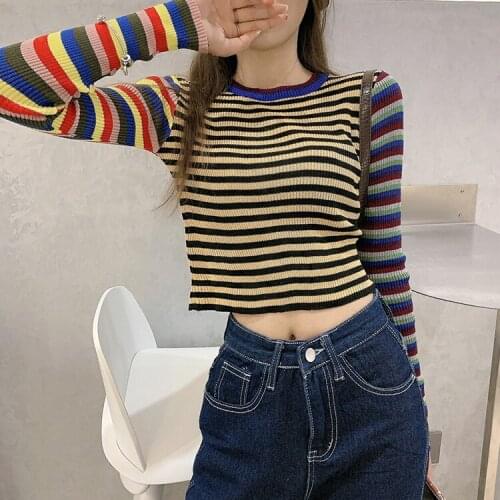 2021 Spring Autumn Women Striped Full sleeve Sweaters Shirts O-Neck Cropped Thin Sweater Pullover Crop Top For Female