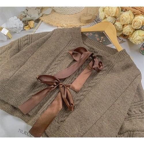 Retro Sweet Girl Vintage Knitted Cardigan Ribbon Bow Women New Fall Fashion Long Sleeve Short Sweater Loose Casual Knitwear Top
