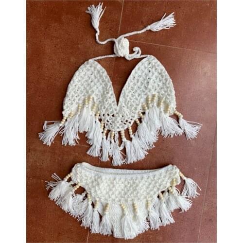 Women Handmade Crochet Bikini Set Sexy Swimwear With The Bead Tassel Bathing Suit