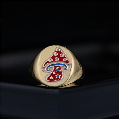 Unique Design Oil Dripping Statement Mushroom Charm Ring For Women Girl Gold Color Copper Open Ring Adjustable Size