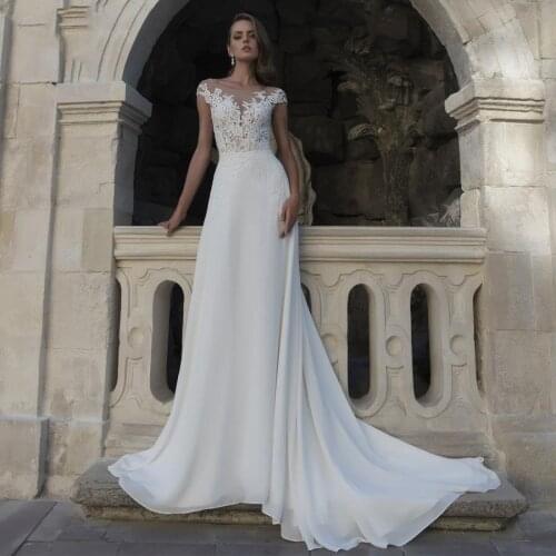Eightale Beach Wedding Dresses 2019 Cap Sleeve Lace Applique Cheap Scoop Chiffon Boho Wedding Dress Boda Robe De Mariee 2019