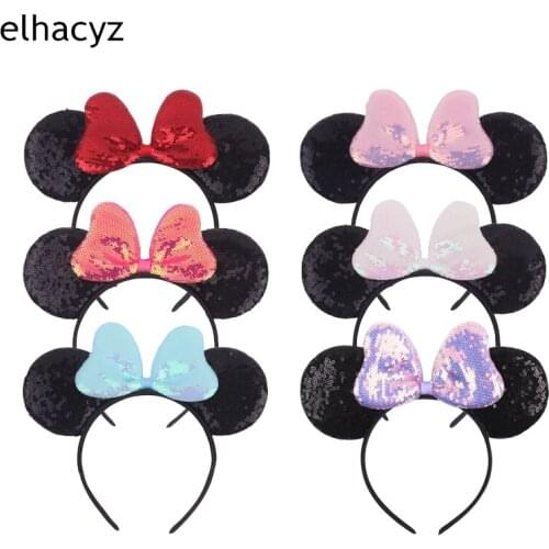 10pcs/lot Cute 5'' Sequins Bow Girls Chic Headband 3.3‘’ Glitter Mouse Ears Hairband Kids Shiny Headwear Trendy Hair Accessories