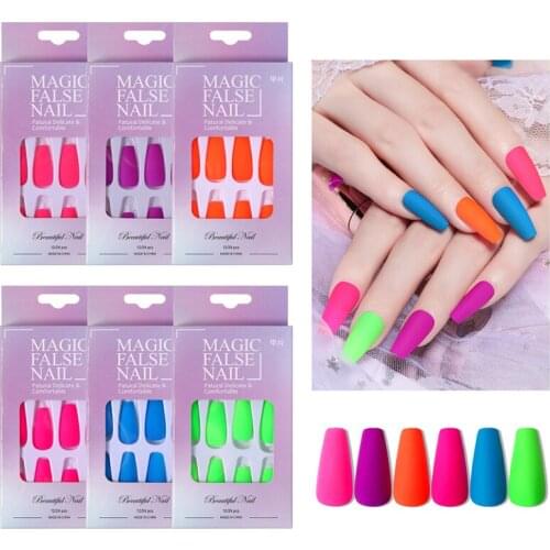 24pcs Short Square False Nails Fluorescence Nail Patch Women Ballerina Removable false Nail Patch Adhesive Detachable Fake Nails