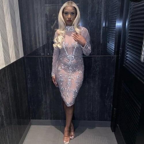 Sparkly Silver Crystals Mesh Dress Women Evening Birthday Prom Party Dresses Sexy Club Outfit Singer Stage Performance Costume