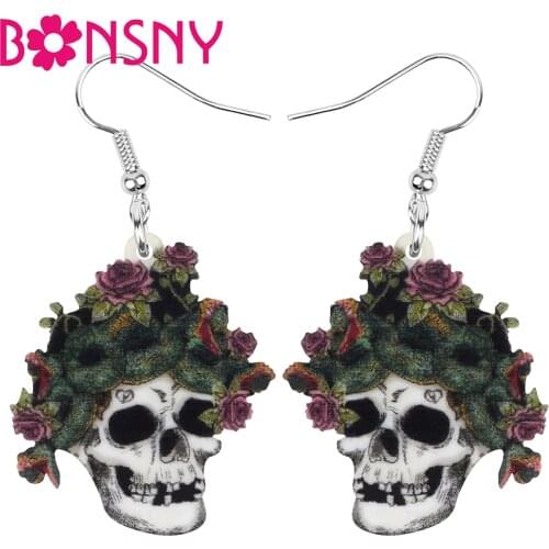 Bonsny Acrylic Halloween Skeleton Earrings Printing Long Skull Dangle Drop Jewelry For Women Girls Kids Classic Gift Decoration
