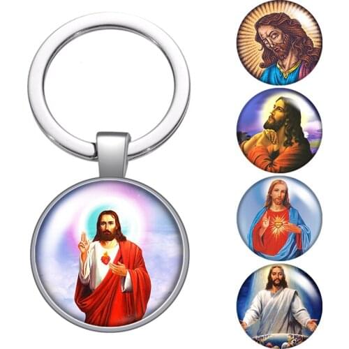 Jesus Blessed Christian glass cabochon keychain Bag Car key chain Ring Holder Charms silver color keychains for Men Women Gifts