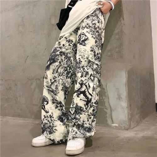 Harajuku Wide Leg Cargo Pants Streetwear Women Korean Style Punk Ink Graffiti Trousers Pantalones Mujer Vintage Tie Dye Hip Hop