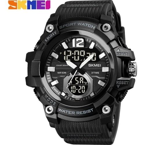 SKMEI 2021 Men Military Sport Wrist Watch PU Band Dual Display Watches Black Waterproof Mens Watch LED Quartz Clock Relogio