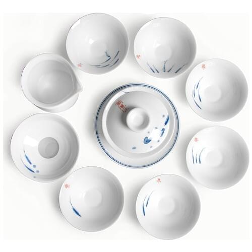 Hand-painted small fish blue and white porcelain sets kung fu tea white porcelain hand-painted tea sets