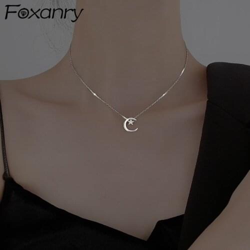 Foxanry 925 Sterling Silver Necklace for Women New Trend Party Accessories Elegant Sparkling Zircon Star Moon Bride Jewelry Gift