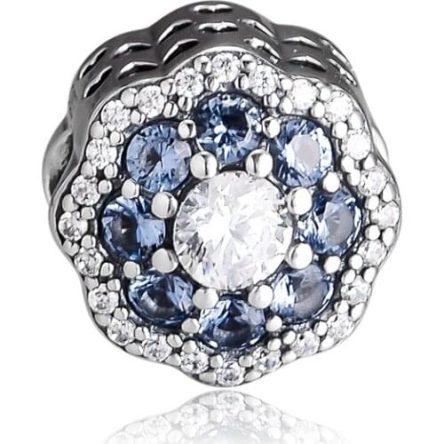 GPY Blue Sparkling Flower Charms 925 Original Fit Pandora Bracelets Sterling Silver Charm Beads for Jewelry Making