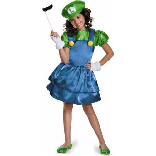 Girl Super Brothers Miss Luigi /Miss Party Costume Jumpsuit Cosplay Costume Kids Halloween Cartoon Dress Up