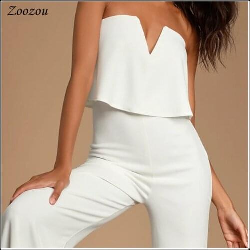 Sexy Women High Waist Slim Jumpsuit Solid Strapless Ruffles Jumpsuit Summer Elegant Party Wide Leg Jumpsuit Rompers New Custom
