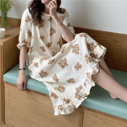 Sweet Cute Pajamas Womens Summer 2021 New Bear Printed Loose Short-Sleeved Nightdress Home Wear Two-Piece Set