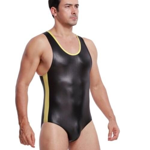 Faux Leather Mens Wrestling Outfit Bodywear Male Sexy Body Shaper Suit Patchwork Bodysuit for Man Workout Sport Leotard V54