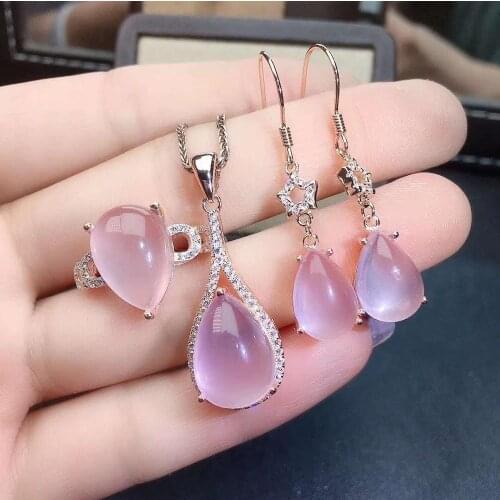 Real Natural Rose Quartz jewelry set Natural Real Rose Quartz 925 sterling silver 1pc pendant,1pc ring,2pcs Earring
