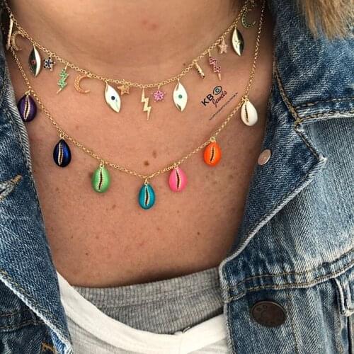 Summer fashion jewelry sea shell pendant necklace Gold color candy sweet colorful enamel Neon color drop colorful shell jewelry