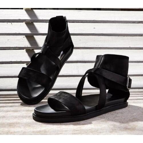 High top Thick heel open toe Summer Sandals for men Genuine leather Leisure Ankle Gladiators